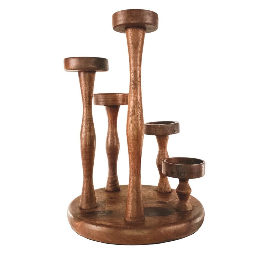Vintage MCM Tiered Wood Candle Holder Centerpiece Retro Votive Candelabra Decor